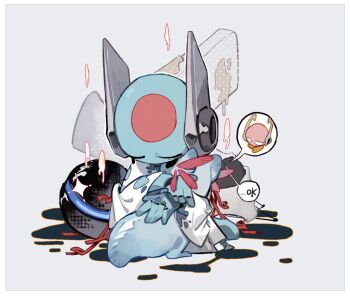 15355451wer 1boy 1girl androgynous black_eyes blue_skin cable circle_facial_mark closed_eyes colored_skin creature facial_mark grey_background hug iterator_(rain_world) mass_rarefaction_cell_(rain_world) neuron_fly_(rain_world) no_humans no_mouth no_nose rain_world rivulet_(rain_world) robe robot robot_ears slugcat sparkle speech_bubble torn_clothes torn_robe white_robe wide-eyed