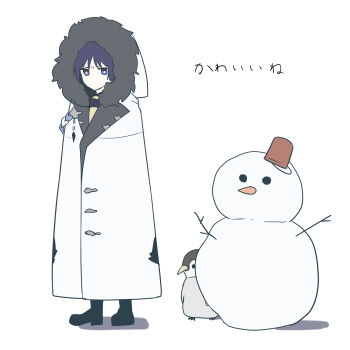 1boy absurdres bird black_boots boots bright_pupils bucket bucket_hat coat eyeliner eyeshadow fatui_coat full_body fur-trimmed_coat fur-trimmed_hood fur_trim genshin_impact gold hat highres hood hood_up hooded_coat jewelry lapels looking_at_viewer makeup male_focus mandarin_collar neck_ring no_mouth penguin purple_eyes purple_hair purple_rope red_eyeliner red_eyeshadow rope scaramouche_(genshin_impact) shimenawa snowman solo standing translation_request wamin white_background white_coat white_hood white_pupils white_rope wispy_bangs
