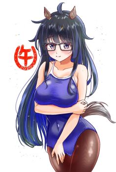 1girl ahoge animal_ears black_hair black_pantyhose blue_one-piece_swimsuit breasts charomi commentary_request competition_school_swimsuit covered_navel gero_mitsuki glasses highres horse_ears horse_tail kemonomimi_mode large_breasts long_hair one-piece_swimsuit onsen_musume pantyhose pantyhose_under_swimsuit purple_eyes school_swimsuit simple_background solo swimsuit tail white_background