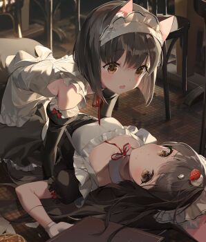 2girls absurdres all_fours animal_ear_fluff animal_ears apron azur_lane bad_id bad_twitter_id bare_shoulders black_hair black_skirt black_sleeves blouse blurry blurry_background blush breasts broken broken_plate brown_eyes choyeon collar commentary_request depth_of_field detached_collar detached_sleeves food food_on_head fox_ears frilled_apron frills fruit girl_on_top gloves hair_between_eyes highres indoors juliet_sleeves long_hair long_sleeves lying maid_headdress menu multiple_girls mutsu_(azur_lane) nagato_(azur_lane) neck_ribbon object_on_head on_back open_mouth plate puffy_sleeves red_ribbon ribbon shirt short_hair skirt sleeveless sleeveless_shirt small_breasts strawberry very_long_hair waitress white_apron white_collar white_gloves white_shirt wing_collar