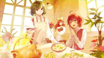 3girls apron ascot fairy flower food green_hair highres kazami_yuuka multiple_girls multiple_persona oc_x_canon open_clothes open_vest original plaid_clothes plaid_skirt plaid_vest red_eyes red_vest second-party_source signature skirt skirt_set smile sunflower table touhou uninosono vest yellow_ascot
