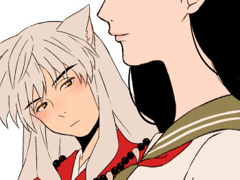 1boy 1girl animal_ears bead_necklace beads black_hair brown_eyes commentary_request dog_ears dog_girl grey_hair highres higurashi_kagome inuyasha inuyasha_(character) japanese_clothes jewelry necklace school_uniform serafuku smile toco_(love-hmhm-tocotoco)