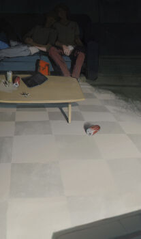 Rule 34 | 2boys, absurdres, brown hair, brown pants, can, checkered floor, coca-cola, couch, creamyghost, drink can, dvd case, grey pants, hanamura yousuke, highres, indoors, leaning on person, male focus, multiple boys, narukami yu, origami, pants, paper crane, persona, persona 4, red bag, shirt, short hair, soda can, table, white shirt