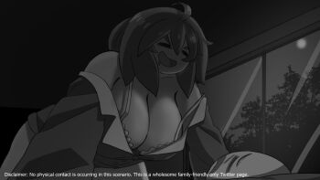 >:) 1girl 1other :d ahoge all_fours breasts brown_hair closed_mouth drooling english_text girl_on_top highres insomnia-chan kay_yu large_breasts open_mouth original sleeping sleepwear smile v-shaped_eyebrows