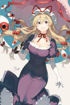 Rule 34 | 1girl, blonde hair, breasts, choker, cleavage, commentary request, dress, elbow gloves, frills, gap (touhou), gloves, hair between eyes, hair ribbon, hat, holding, holding umbrella, large breasts, long hair, looking at viewer, mob cap, parted lips, purple dress, purple eyes, red eyes, ribbon, ribbon choker, short sleeves, signature, smile, solo, touhou, umbrella, user cjru2574, white gloves, yakumo yukari