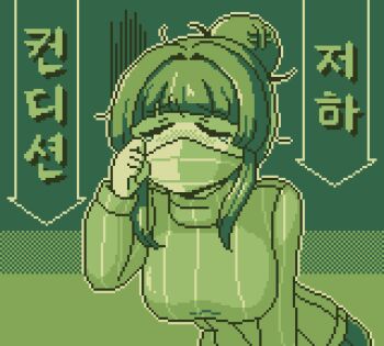 1girl breasts closed_eyes hair_bun korean_text large_breasts last_origin leprechaun_(last_origin) long_sleeves lowres mask messy_hair monochrome mouth_mask official_art ribbed_sweater rodong8 solo sweater translation_request