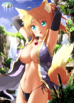10s 1girl :d ahoge animal_ears armpits arms_behind_head black_panties blonde_hair blush breasts cleavage dog_days fang female_focus floating_island fox_ears fox_tail gloves goribote green_eyes hair_ribbon japanese_clothes large_breasts long_hair looking_at_viewer navel open_clothes open_mouth panties ponytail ribbon side-tie_panties smile solo tail underboob underwear water waterfall yukikaze_panettone