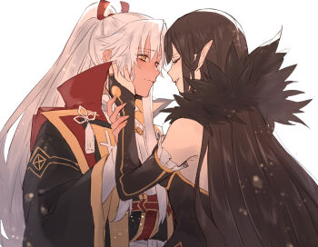 1boy 1girl amakusa_shirou_(fate) amakusa_shirou_(third_ascension)_(fate) black_bridal_gauntlets black_hair breasts bridal_gauntlets closed_eyes commentary_request dark-skinned_male dark_skin fate/apocrypha fate_(series) fur_trim hand_on_another&#039;s_cheek hand_on_another&#039;s_face high_ponytail highres japanese_clothes long_hair medium_breasts orange_eyes pointy_ears ponytail semiramis_(fate) sidelocks smile tassel tofu_(bean359) very_long_hair white_hair