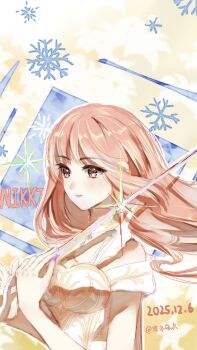 Rule 34 | 1girl, absurdres, armor, artist name, bare arms, breastplate, brown eyes, character name, chinese commentary, closed mouth, clothing cutout, commentary request, dated, dress, eyelashes, hair down, haiyang liuhuo, happy, hexagram, highres, holding, holding sword, holding weapon, infinity nikki, light blush, lips, long hair, looking ahead, melody bloom (infinity nikki), nikki (nikki), nikki (series), no headwear, pink hair, rapier, short sleeves, shoulder cutout, smile, snowflakes, solo, sword, upper body, wavy hair, weapon, white dress, yellow background