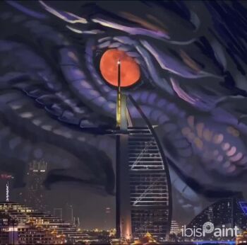 animated building city city_lights cityscape dragon dubai eye_focus giant making-of moon night no_humans original outdoors photo_background red_eyes red_moon shirabo skyscraper video watermark