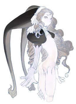 1girl arched_back ass black_hat black_sleeves blush breasts brown_hair closed_mouth collar commentary cowboy_shot curly_hair curly_sidelocks detached_sleeves elbow_gloves english_commentary fluffy_hair forehead frilled_hat frills frown gloves hat high_collar highres jester_cap juliet_sleeves long_hair long_sleeves looking_ahead nose_blush nude opood original pale_skin pink_eyes puffy_sleeves skinny small_breasts solo thighhighs very_long_hair white_background white_collar white_gloves white_thighhighs