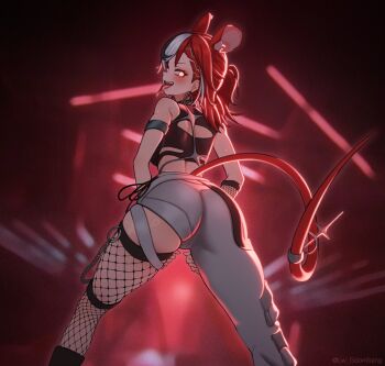 1girl animal_ears ass ass_focus asymmetrical_clothes black_streaks fishnet_thighhighs fishnets from_behind hakos_baelz hakos_baelz_(monochrome_dancer) highres hololive hololive_english long_hair looking_at_viewer looking_back lw_goombang mouse_ears mouse_girl mouse_tail multicolored_hair open_mouth pants red_hair sharp_teeth single_pantsleg solo streaked_hair sweat tail teeth thighhighs tongue tongue_out virtual_youtuber white_hair white_pants white_streaks