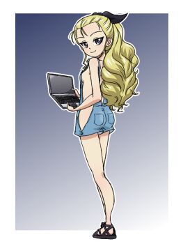 1girl ass assam_(girls_und_panzer) bikini blonde_hair blue_eyes blush breasts closed_mouth computer full_body girls_und_panzer holding holding_laptop laptop long_hair looking_at_viewer looking_back naked_overalls overalls sideboob simple_background small_breasts smile solo swimsuit takahashi_kurage