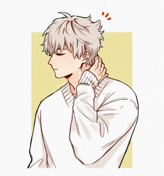 1boy ahoge border closed_eyes closed_mouth grey_hair hair_between_eyes hand_on_own_neck highres love_and_deepspace male_focus messy_hair nijinoji short_hair sleeves_past_wrists solo sweater upper_body white_border white_sweater xavier_(love_and_deepspace) yellow_background
