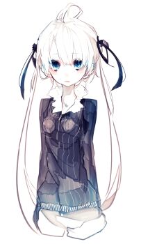 Rule 34 | 1girl, ahoge, blue eyes, blush, bow, collar, commentary request, expressionless, frilled collar, frills, hair between eyes, hair ribbon, highres, long hair, long sleeves, looking at viewer, original, parted lips, ribbon, riuichi, simple background, standing, straight-on, twintails, white background, white hair