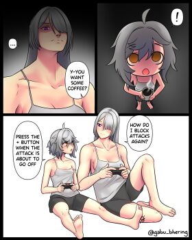 2girls ak-15_(girls'_frontline) barefoot black_shorts breasts chibi coffee coffee_mug commentary controller cup english_commentary english_text g11_(girls'_frontline) game_controller gbhering girls'_frontline girls'_frontline_2:_exilium glowing glowing_eyes highres holding holding_controller holding_cup holding_game_controller mechty_(girls'_frontline_2) mug multiple_girls muscular muscular_female playing_games playing_video_games shorts speech_bubble steaming_cup surprised tank_top voymastina_(girls'_frontline_2) white_tank_top