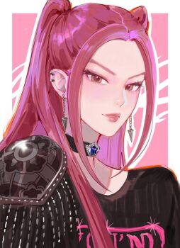 Rule 34 | 1girl, black choker, black shirt, blue gemstone, border, brown eyes, chain, chain earrings, choker, clivenzu, extra eyes, gem, highres, kpop demon hunters, light blush, looking at viewer, mira (kpop demon hunters), parted bangs, pink background, pink hair, portrait, print shirt, shirt, single shoulder pad, smile, twintails, upper body, white border