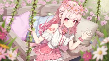 1girl bare_shoulders blush character_request clothing_cutout commentary_request copyright_request dress frilled_dress frills long_hair looking_at_viewer on_bench pink_hair pleated_dress pointy_ears red_eyes shoulder_cutout sitting smile solo suumon very_long_hair