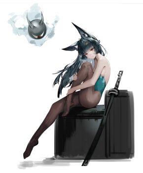 1girl absurdres alternate_costume animal_ear_fluff animal_ears black_hair blue_leotard breasts brown_pantyhose commentary_request feet fox_ears fox_girl from_side heon29747 highres hoshimi_miyabi katana knee_up korean_commentary leotard long_hair looking_at_viewer medium_breasts no_shoes pantyhose parted_lips red_eyes sheath sheathed simple_background sitting strapless strapless_leotard sword tailless_(zenless_zone_zero) weapon white_background zenless_zone_zero