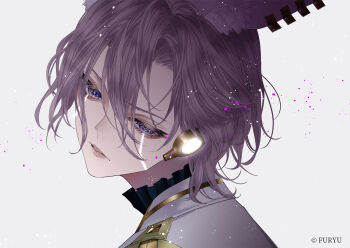 Rule 34 | 1girl, android, can (crymachina), commentary request, crymachina, expressionless, grey hair, guest art, kiyohara hiro, mechanical ears, purple eyes, short hair, solo, upper body