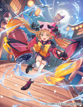 1girl black_gloves black_sailor_collar black_shoes black_shorts blue_hair brown_hair cardigan copyright_notice eldora_(wixoss) full_moon gloves highres long_hair looking_at_viewer moon multicolored_hair official_art outdoors pink_cardigan sailor_collar shoes shorts solo streaked_hair thigh_strap thighhighs twintails very_long_hair white_thighhighs wixoss yellow_eyes yuko_(uc_yuk)