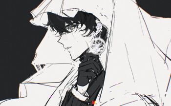 1boy black_gloves black_hair clenched_teeth cloak commentary from_side gear_earrings gloves hand_up highres hood hood_up hooded_cloak male_focus omniscient_reader&#039;s_viewpoint parted_lips portrait scar scar_across_eye scar_on_face secretive_plotter short_hair solo symbol-only_commentary teeth twle yoo_joonghyuk