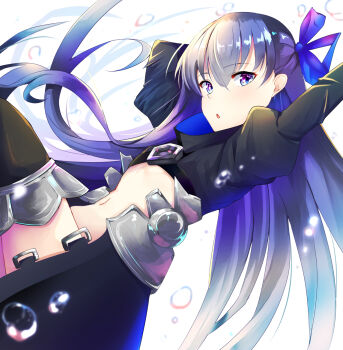 1girl arms_up black_shirt blue_eyes blue_ribbon chestnut_mouth commentary crop_top cropped_shirt fate/grand_order fate_(series) flat_chest floating_hair from_side hair_between_eyes hair_ribbon juliet_sleeves kanaya604 long_bangs long_hair long_sleeves looking_at_viewer looking_to_the_side meltryllis_(fate) navel open_mouth puffy_sleeves purple_hair ribbon shirt solo white_background