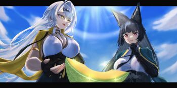 2girls absurdres ahoge animal_ear_fluff animal_ears black_gloves black_hair black_necktie blue_sky breasts cleavage cloud cloudy_sky commentary_request day drooling fingerless_gloves food fox_ears fox_girl fruit gauntlets gloves grey_hair hair_ornament hand_on_own_chin hand_up highres hoshimi_miyabi jacket large_breasts long_hair looking_at_another looking_down melon melon_slice mole mole_on_chest multiple_girls necktie open_mouth outdoors red_eyes shirt sidelocks single_gauntlet single_hair_intake sky sunlight tkm-kagepuro white_hair white_shirt yellow_eyes yellow_jacket yin_yang_pin yixuan_(zenless_zone_zero) zenless_zone_zero