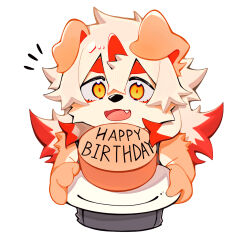 Rule 34 | 1boy, arknights, birthday cake, black shirt, cake, chibi, chinese commentary, colored tips, commentary request, fang, food, furry, furry male, happy birthday, highres, holding, holding plate, horns, hung (arknights), komainu boy, komainu ears, looking at viewer, male focus, multicolored hair, notice lines, open mouth, orange eyes, plate, second-party source, shirt, single horn, sleeveless, sleeveless shirt, smile, upper body, wang yzzx, white background