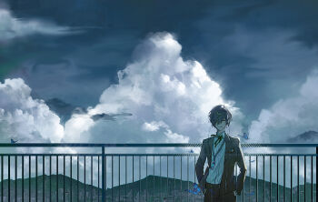 1boy black_jacket black_pants blue_butterfly blue_hair blue_sky bug butterfly chenqian cityscape closed_eyes closed_mouth cloud cloudy_sky commentary_request cowboy_shot day digital_media_player digital_walkman dress_shirt earphones facing_viewer fading gekkoukan_high_school_uniform green_ribbon hair_over_one_eye hands_in_pockets highres insect jacket long_sleeves male_focus open_clothes open_jacket outdoors pants persona persona_3 railing ribbon school_uniform shirt short_hair sky smile solo walkman_nw-s203f white_shirt wide_shot yuuki_makoto_(persona_3)
