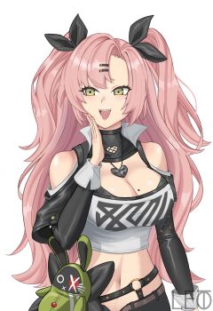 1girl 2024 arm_at_side bangboo_(zenless_zone_zero) belt black_jacket black_ribbon black_shorts black_sleeves black_thighhighs blush breasts character_doll cleavage clothes_writing clothing_cutout commentary contrapposto cowboy_shot cropped_jacket cutoffs detached_sleeves doll earrings english_commentary eyebrows_hidden_by_hair female_focus hair_ornament hair_ribbon hairclip hairdressing happy heart heart_earrings heart_necklace highres jacket jewelry large_breasts leaning_forward letodart18 long_hair looking_to_the_side micro_shorts midriff mole mole_on_breast mole_on_thigh mole_under_eye navel necklace nicole_demara o-ring o-ring_thigh_strap open_mouth pink_hair pointy_ears popped_collar purple_eyes ribbon shiny_skin shorts shoulder_cutout simple_background skindentation solo strapless swept_bangs teeth thick_thighs thigh_strap thighhighs thighs tube_top twintails upper_teeth_only white_background white_tube_top yellow_nails zenless_zone_zero