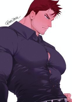 1boy artist_name bara black_shirt blue_eyes boku_no_hero_academia button_gap closed_mouth commentary endeavor_(boku_no_hero_academia) facing_to_the_side hand_on_own_hip looking_to_the_side ma_(maa21maa) male_focus red_hair shirt symbol-only_commentary tight_clothes tight_shirt twitter_username white_background