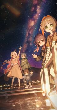 5girls :d absurdres ahoge ap04astral arm_up blue_hair brown_dress brown_eyes brown_hair colored_inner_hair commentary dress green_eyes hair_intakes hair_ornament hairclip highres holding holding_tablet_pc hozuki_momiji layered_sleeves lens_flare long_hair long_sleeves looking_at_viewer low_twintails mary_janes mountainous_horizon multicolored_hair multiple_girls murosaki_miyo night oka_asahi onii-chan_wa_oshimai! open_mouth orange_hair outdoors oyama_mahiro pier pink_hair railing red_eyes red_hair shoes short_hair short_over_long_sleeves short_sleeves sky smile sneakers squatting standing star-shaped_pupils star_(sky) star_(symbol) starry_sky striped_sleeves symbol-shaped_pupils tablet_pc tenkawa_nayuta twintails two-tone_hair very_long_hair w water waving