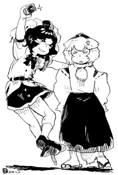 Rule 34 | 2girls, :3, anger vein, angry, animal ears, bow, bowtie, camera, commentary request, detached sleeves, full body, geta, greyscale, hat, highres, holding, holding camera, inubashiri momiji, kokechankokko, medium hair, missing wings, monochrome, multiple girls, open mouth, pom pom (clothes), puffy short sleeves, puffy sleeves, ribbon-trimmed sleeves, ribbon trim, sandals, shameimaru aya, short sleeves, skirt, smile, socks, tail, tengu-geta, tokin hat, touhou, wolf ears, wolf girl, wolf tail