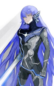 Rule 34 | 1boy, absurdly long hair, black bodysuit, blue hair, bodysuit, closed mouth, commentary request, cowboy shot, eyelashes, highres, long hair, looking to the side, male focus, partially shaded face, protagonist (aogami nahobino) (smtv), protagonist (smtv), samerkgk, shin megami tensei, shin megami tensei v, sideways glance, solo, standing, very long hair, white background, yellow eyes
