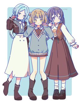 Rule 34 | 3girls, absurdres, animal print, black hair, blue background, blue eyes, blue hair, blue sweater, blunt bangs, blush, boots, border, bow, bowtie, braid, bright pupils, brown boots, brown jacket, brown shoes, brown skirt, character request, closed mouth, collared shirt, commentary request, cross-laced shoes, dog print, full body, grey sweater, hand up, hands up, highres, jacket, long hair, looking at viewer, magia record: mahou shoujo madoka magica gaiden, mahou shoujo madoka magica, multiple girls, open clothes, open jacket, open vest, outside border, parted bangs, plaid clothes, plaid vest, print shirt, purple eyes, ribbed sweater, ruru (rurumagi), shirt, shoes, short hair, simple background, skirt, smile, socks, standing, sweater, twitter username, vest, white border, white bow, white bowtie, white pupils, white shirt, white skirt, white socks, yellow eyes