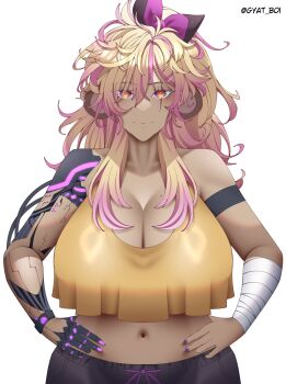 1girl absurdres animal_ears bandaged_arm bandages blonde_hair breasts cleavage closed_mouth crop_top cyborg dark-skinned_female dark_skin gyat_boi hands_on_own_hips highres huge_breasts indie_virtual_youtuber koko_d._nuts long_hair mechanical_arms mole mole_on_breast monkey_ears monkey_girl multicolored_hair navel pink_eyes pink_hair shorts sidelocks single_mechanical_arm solo tank_top virtual_youtuber yellow_tank_top
