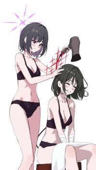 2girls absurdres bandaged_arm bandages black_bra black_hair black_panties blue_archive blush bra closed_mouth drying drying_hair fieryonion grin halo highres misaki_(blue_archive) multiple_girls panties purple_halo red_halo short_hair sitting smile subaru_(blue_archive) underwear underwear_only
