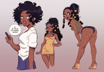 1girl absurdres alternate_skin_color ass bent_over black_hair chocotoro crop_top cutoffs dark-skinned_female dark_skin denim denim_shorts dreadlocks dress earrings english_text fishnet_pantyhose fishnets hair_ornament high_heels highres hoop_earrings ijiranaide_nagatoro-san jewelry looking_at_viewer looking_back mahmapuu nagatoro_hayase outline pantyhose phone school_uniform artist_self-insert short_shorts shorts skirt tagme