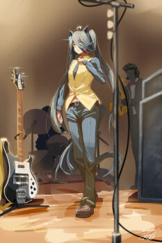 1boy 1girl 1other absurdres ahoge alternate_costume alternate_hairstyle arm_at_side belt black_hair black_necktie black_pants black_shirt blurry blurry_foreground brown_belt brown_shoes closed_eyes commentary_request drum drum_set full_body grey_hair guitar hair_between_eyes hand_up highres holding holding_instrument holding_saxophone instrument long_hair long_sleeves manhattan_cafe_(umamusume) microphone microphone_stand multicolored_hair necktie pants sasami_oishine saxophone shirt shoes solo_focus speaker stage standing twintails two-tone_hair two-tone_shirt umamusume very_long_hair walking yellow_eyes yellow_shirt