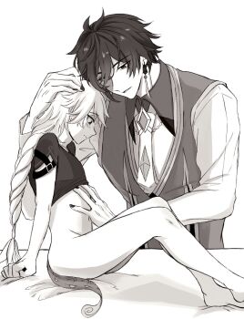 2boys aether_(genshin_impact) ahoge antenna_hair barefoot blush bottomless braid clenched_hand closed_mouth collared_shirt commentary_request earrings fingernails genshin_impact greyscale hair_between_eyes hair_ornament hair_ribbon hand_on_another&#039;s_head hand_on_another&#039;s_stomach hand_up highres jewelry long_hair long_sleeves looking_at_another looking_down low-braided_long_hair low-tied_long_hair male_focus monochrome multiple_boys nail_polish navel necktie nogu_gesoshiso on_bed open_mouth pendant ribbon shirt short_sleeves simple_background single_braid single_earring sitting smile standing tassel tassel_earrings vest yaoi zhongli_(genshin_impact)