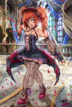 1girl amy_sorel arm_up breasts female_focus full_body gloves green_eyes highres long_hair muscular muscular_female orange_hair petals reliusmax rose_petals small_breasts solo soul_calibur sword thick_thighs thighhighs thighs twintails weapon