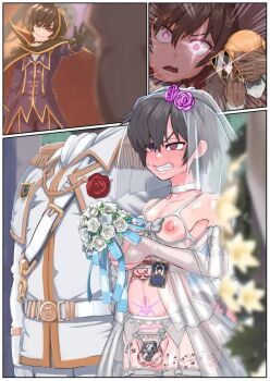 black_hair body_writing bridal_veil code_geass crossdressing dress english_text flat_chastity_cage hypnosis lelouch_vi_britannia male_bride mind_control pink_eyes puffy_nipples small_chastity_cage veil wedding_dress