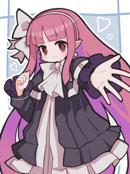 1girl black_dress blunt_bangs blush border bow bow_hairband bowtie closed_mouth commentary cowboy_shot disgaea dress frilled_dress frills grey_background hairband heart highres long_hair long_sleeves looking_at_viewer mage_(disgaea) outline outside_border pink_hair pointy_ears red_eyes sidelocks smile solo suaman white_border white_bow white_bowtie white_hairband white_outline