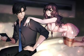 Rule 34 | 1boy, 1girl, black hair, black pants, black shirt, black thighhighs, blue necktie, blurry, blurry background, breasts, cellphone, cleavage, closed mouth, collared shirt, commentary, couple, dress, english commentary, grey eyes, hair between eyes, hands on another's shoulders, hetero, highres, holding, holding phone, jewelry, large breasts, lipstick mark, lipstick mark on face, looking at another, love and deepspace, necklace, necktie, pants, parted bangs, parted lips, phone, pink dress, protagonist (love and deepspace), purple eyes, purple hair, ryuuxin, shirt, short hair, sitting, sleeveless, sleeveless dress, smartphone, smile, thighhighs, zayne (love and deepspace)