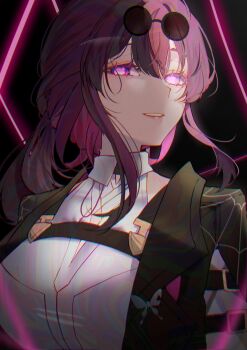 Rule 34 | 1girl, absurdres, arm belt, belt, black background, black belt, black jacket, breasts, chinese commentary, chromatic aberration, collared shirt, commentary, eyewear on head, glasses, hair between eyes, highres, honkai: star rail, honkai (series), jacket, kafka (honkai: star rail), large breasts, looking at viewer, medium hair, multiple belts, open clothes, open jacket, pince-nez, purple eyes, purple hair, rayla (rayla illust), round eyewear, shirt, smile, solo, spider web print, sunglasses, teeth, upper body, white shirt