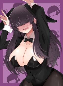 1girl animal_ears black_bow black_bowtie black_hair black_leotard black_tailcoat blush border bow bowtie breasts brown_pantyhose character_background cleavage collarbone commentary covered_eyes cowboy_shot detached_collar embarrassed facing_viewer fake_animal_ears hair_over_eyes highres kakure_meme kimi_no_koto_ga_dai_dai_dai_dai_daisuki_na_100-nin_no_kanojo large_breasts leotard long_bangs long_hair long_sidelocks long_sleeves mole mole_under_mouth nanraka official_alternate_costume open_mouth pantyhose playboy_bunny purple_background purple_border rabbit_ears rabbit_pose sidelocks sleeve_cuffs solo strapless strapless_leotard symbol-only_commentary tailcoat tailcoat_playboy_bunny undersized_breast_cup wavy_mouth