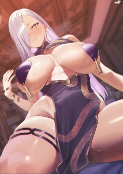 Rule 34 | 1girl, bare shoulders, blush, bracelet, breasts, commentary request, dress, earrings, fate/grand order, fate (series), grey hair, hair over one eye, hebi nyoubou (fate), hoop earrings, jewelry, kurozawa yui, large breasts, long hair, looking at viewer, pasties, pelvic curtain, solo, thigh strap, thighs, yellow eyes