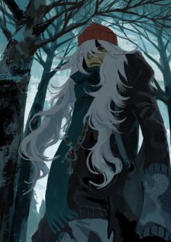 1boy az_(pokemon) bare_tree beanie black_sweater blue_scarf closed_mouth commentary cowboy_shot frown grey_pants hair_over_one_eye hat highres jewelry k1ribarai key key_necklace long_hair long_sleeves looking_at_viewer looking_down male_focus necklace nintendo old one_eye_covered outdoors pants pokemon pokemon_legends:_z-a red_hat scarf solo standing sweater tree very_long_hair white_hair wrinkled_skin