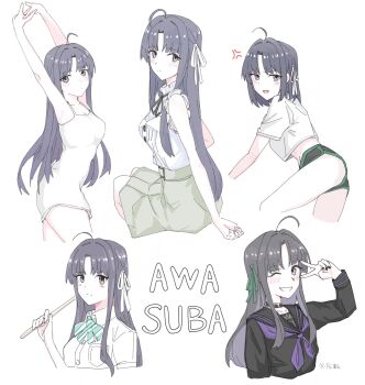 1girl ahoge anger_vein awa_subaru black_hair black_nails black_ribbon black_sailor_collar black_shirt black_shorts blush breast_pocket breasts brown_skirt character_name cleavage commentary dress drumsticks girls_band_cry green_ribbon hair_intakes hair_ribbon highres holding holding_drumsticks long_hair long_sleeves medium_breasts multiple_views n_nai_nai_n nail_polish neck_ribbon necktie official_alternate_hair_length official_alternate_hairstyle open_mouth parted_bangs pocket purple_eyes purple_necktie ribbon sailor_collar school_uniform serafuku shirt short_hair shorts sitting skirt sleeveless sleeveless_dress sleeveless_shirt spaghetti_strap stretching symbol-only_commentary translation_request v white_dress white_ribbon white_shirt